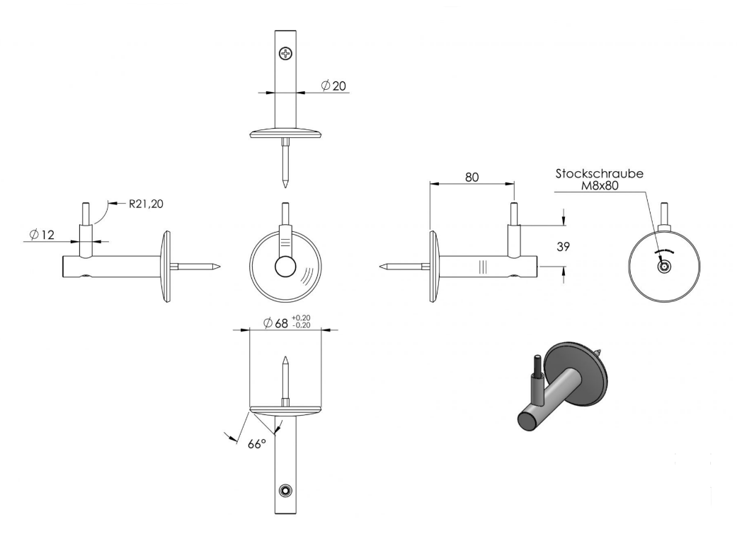 verschraubter Handlaufhalter mit Durchgangsbohrung, Stockschraube und Linsenkopfschraube, V2A