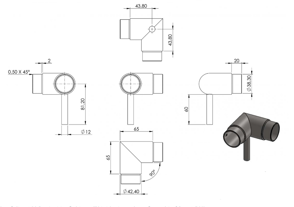verschweißter Handlaufhalter, Stift mit Steckecke 90° für Rohr Ø 42,4 mm, V2A