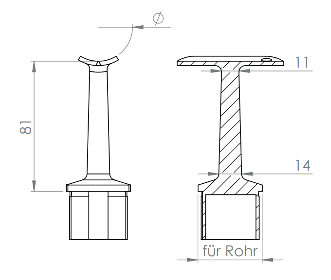 Handlaufstütze aus einem Stück, für Quadratrohr, mit Handlaufanschlussplatte, V2A