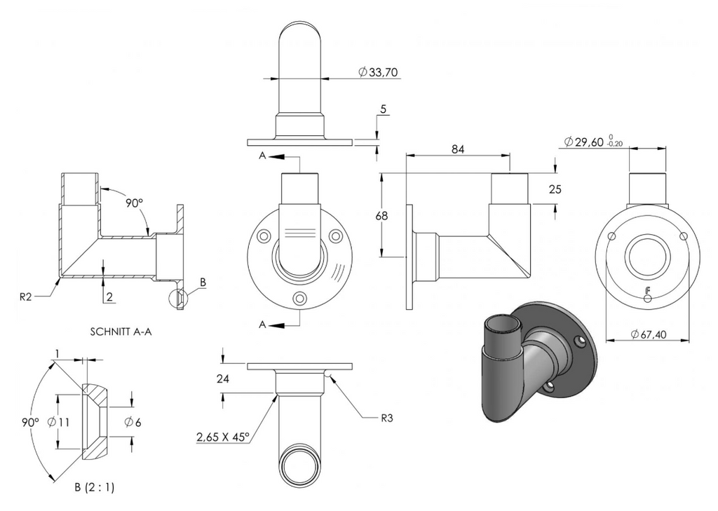 Zeichnung Wandhalter für Rohr Ø 33,7 x 2,0 mm