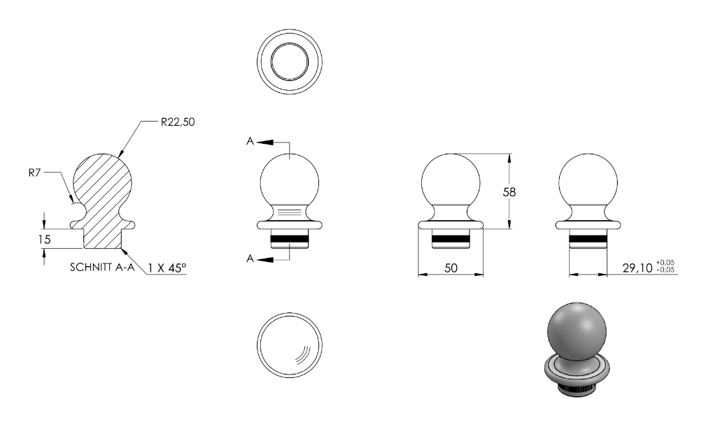 Zeichnung Kugelrohrknopf für Rohr Ø 33,7 x 2,5 mm