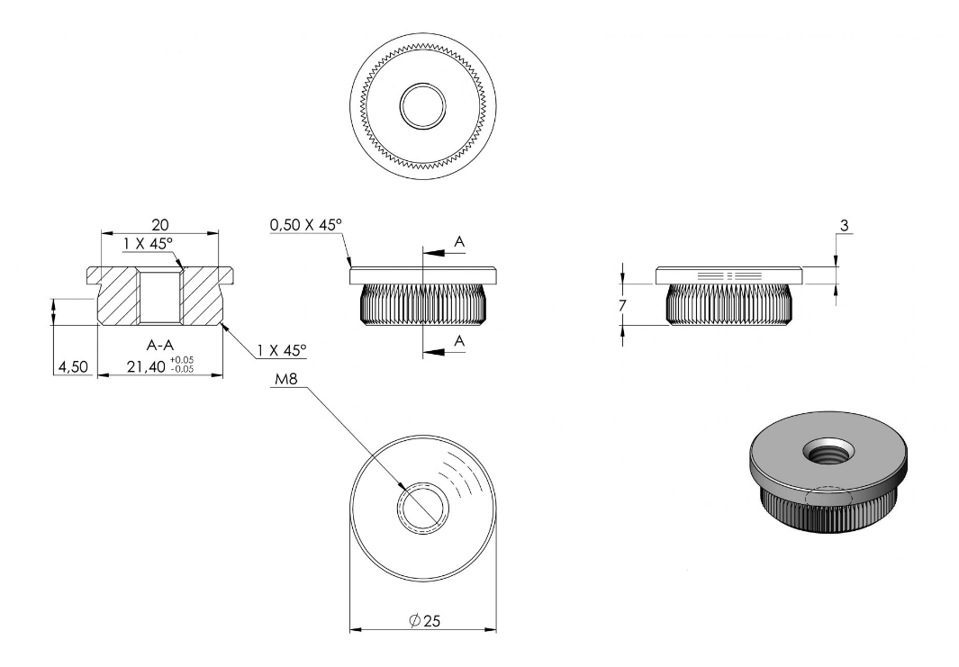Zeichnung Rohrabschlussstopfen für Rohr Ø 25,0 x 2,0 mm, Gewinde M8