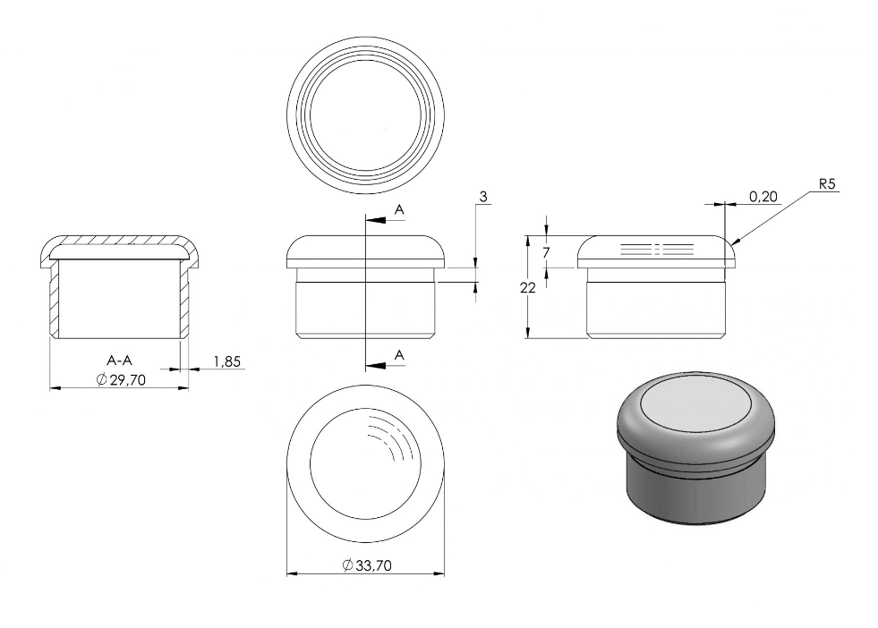 Zeichnung Rohrabschlussstopfen für Rohr Ø 33,7 x 2,0 mm