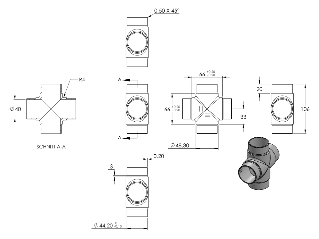 Zeichnung Kreuzstück für Rohr Ø 48,3 x 2,0 mm