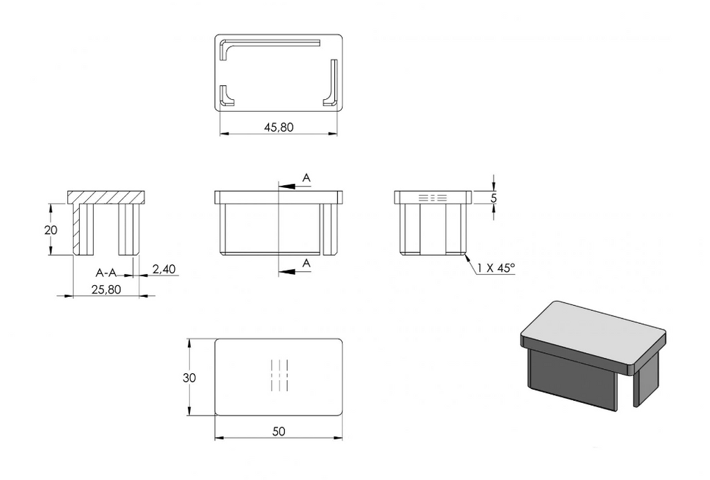 Zeichnung Rohrabschlussstopfen für Rohr 50 x 30 x 2,0 mm