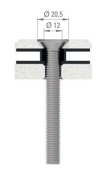Glaspunkthalter Ø 52 mm mit Schraube, Klemmbereich 6.0 - 21.52 mm, V2A