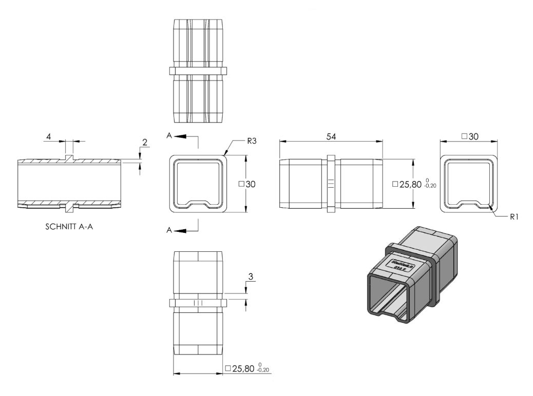 Zeichnung Quadratrohr-Verbinder für  Rohr 30 x 30 x 2,0 mm
