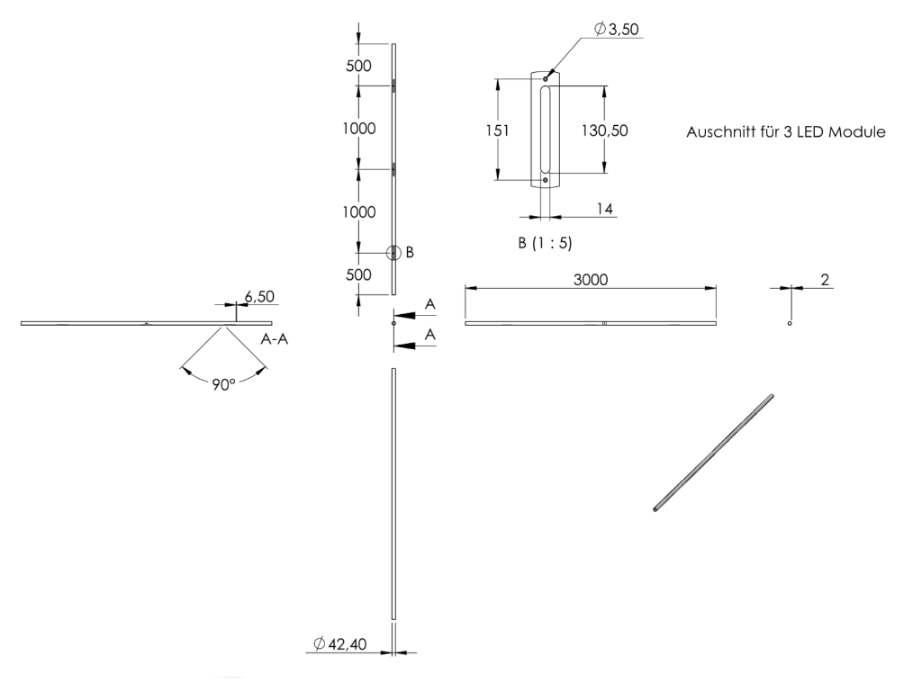 Zeichnung Handlauf Länge 3 m mit 3 Aussparungen für LED-Lichtmodule