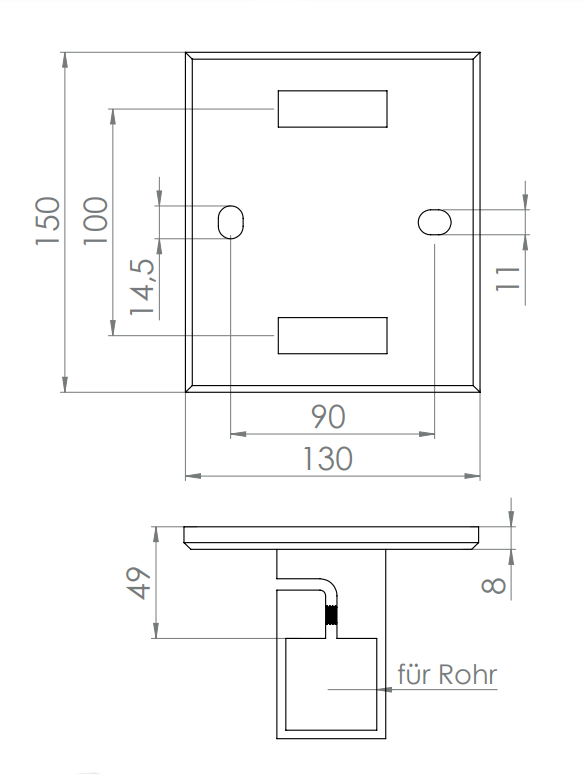 Edelstahl Wandbefestigung für Geländerpfosten zum Spannen, Platte 130 x 150 x 8 mm, V2A
