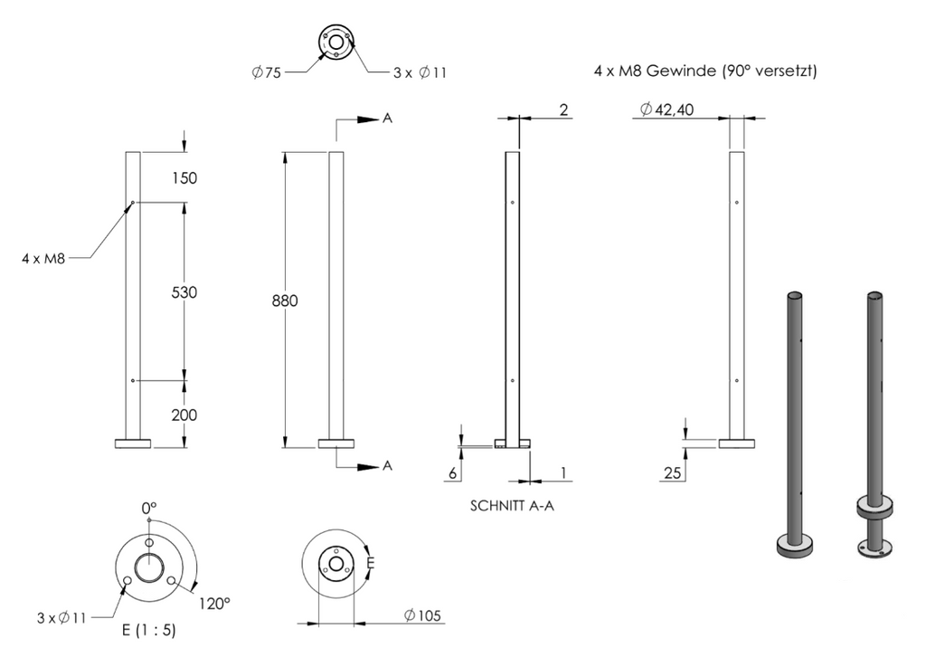 Edelstahlpfosten zur Bodenmontage, Länge 880mm, 4 x M8 Fließformgewinde 90° versetzt, V2A