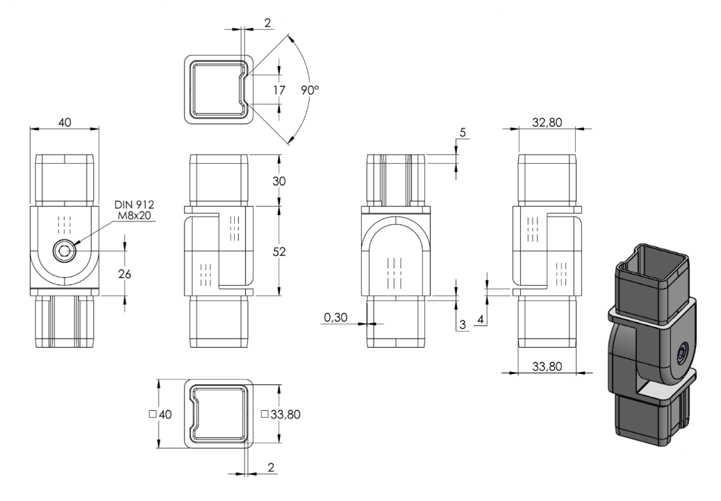 Zeichnung Quadratrohr-Verbinder für Rohr 40 x 40 x 3,0 mm