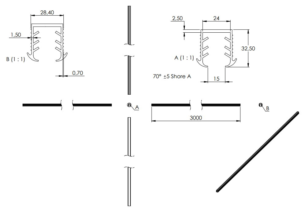 Zeichnung Keildichtung für Glasstärke 16.76 - 17.52 mm, Länge 3 m