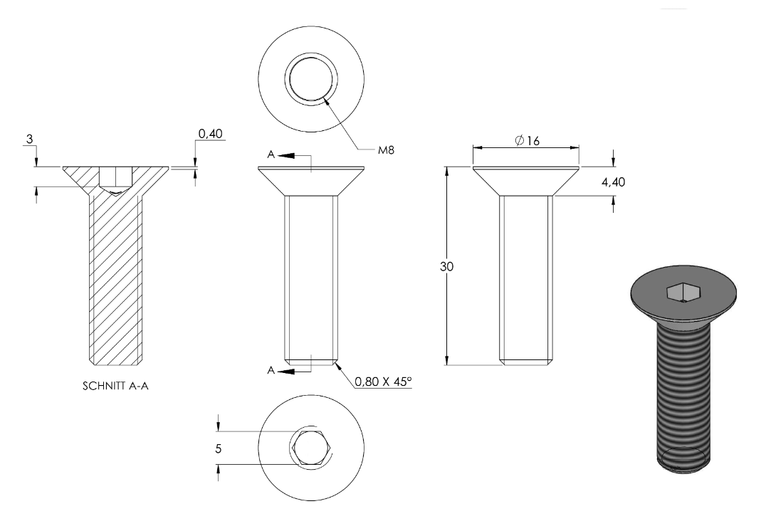 Zeichnung Senkkopfschraube M8 x 30 mit Innensechskant