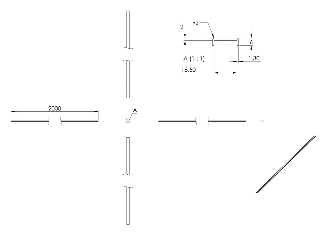 Zeichnung Kantenschutzprofil, Länge 2 m, für Glasstärke 16,00 - 17,52 mm