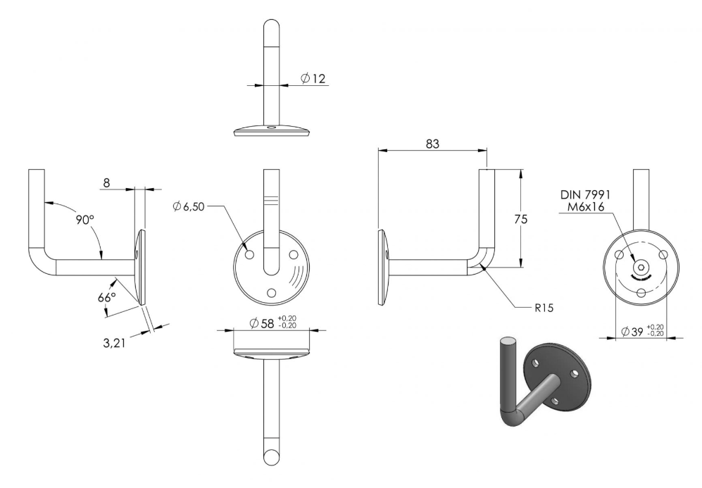 Zeichnung Handlaufhalter mit Bügel Ø 12 mm
