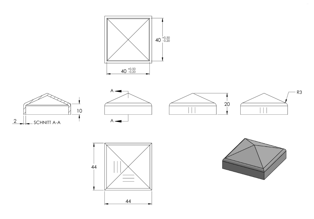 Zeichnung Pyramidenkappe für Rohr 40 x 40 mm