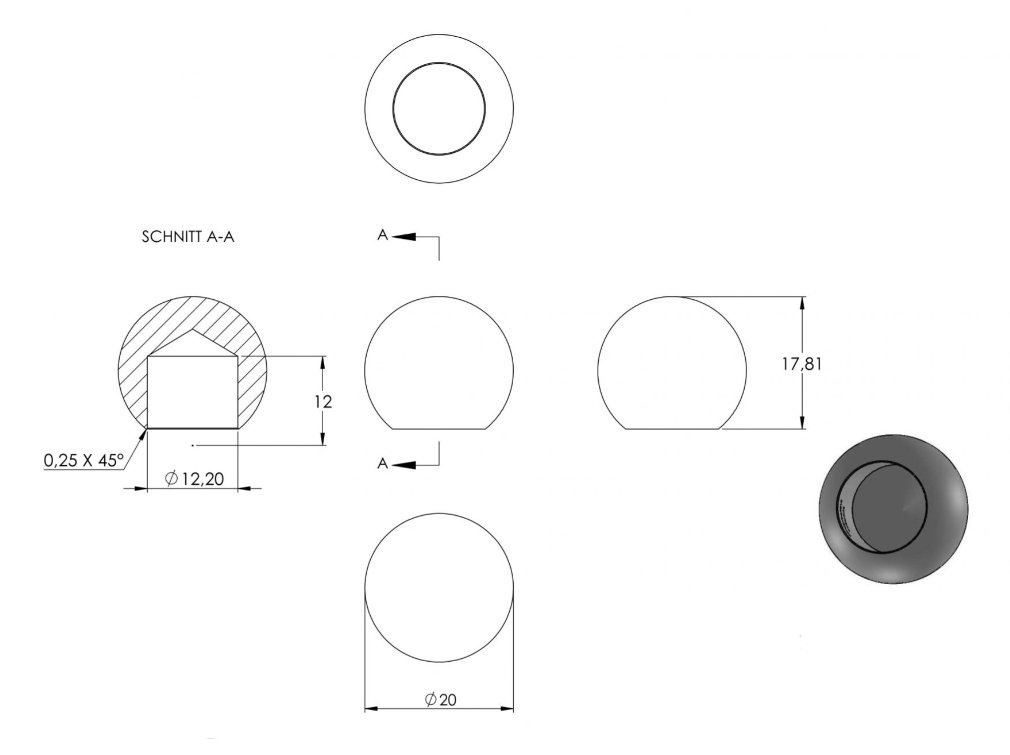 Zeichnung Vollkugel messingbeschichtet Ø 10 mm, mit Sackloch Ø 12,2 mm