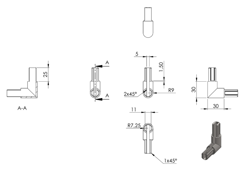 Zeichnung Eckverbinder für Klemmprofil Ø 18 mm