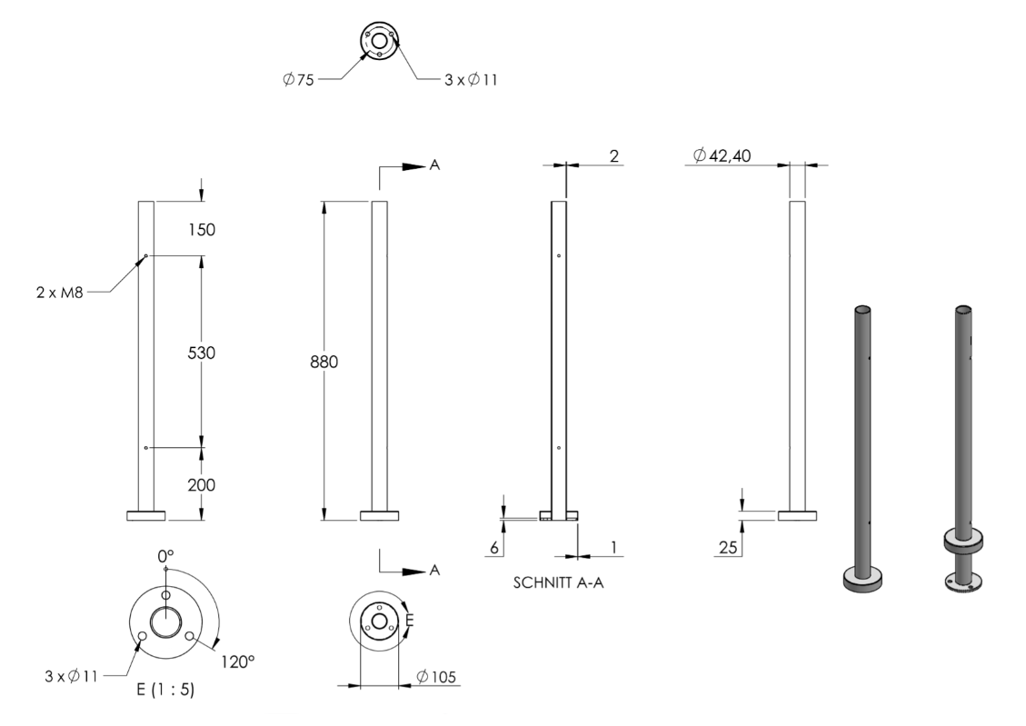 Edelstahlpfosten zur Bodenmontage, Länge 880 mm, 2 x M8 Fließformgewinde, V2A