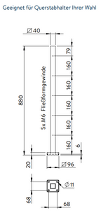 Edelstahlpfosten zur Bodenmontage, Länge 880 mm, 5 x M6 Fließformgewinde, V2A