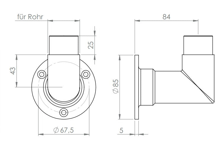 Edelstahl Wandhalter 90° für Rundrohre, eckige Form, zum Einstecken ins Rohr, V2A