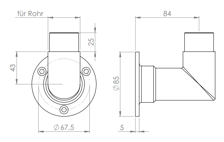 Edelstahl Wandhalter 90° für Rundrohre, eckige Form, zum Einstecken ins Rohr, V2A