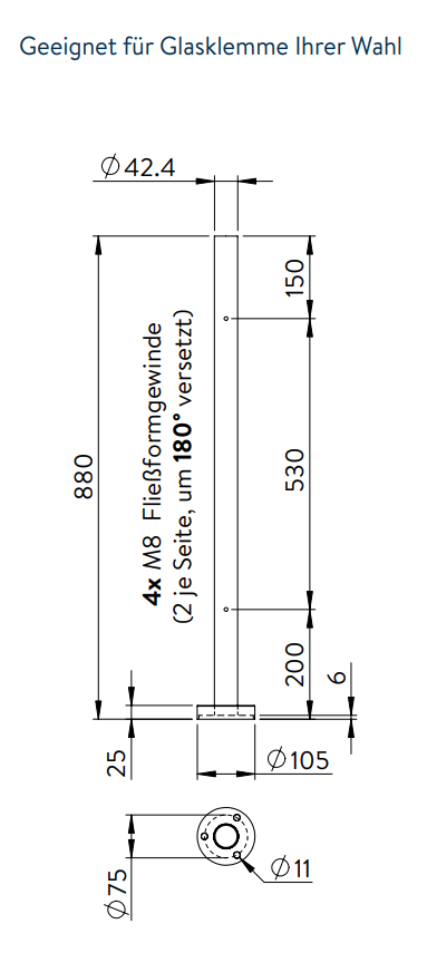 Edelstahl Mittelpfosten zur Bodenmontage, Länge 880 mm, 4 x M8 Fließformgewinde 180° versetzt, V2A