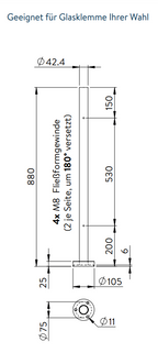 Edelstahl Mittelpfosten zur Bodenmontage, Länge 880 mm, 4 x M8 Fließformgewinde 180° versetzt, V2A