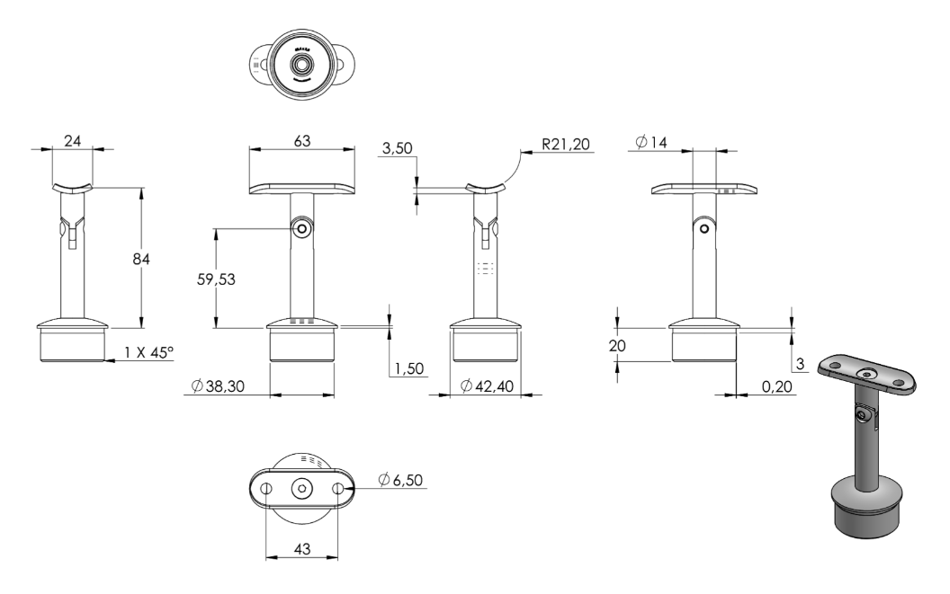 Zeichnung Handlaufstütze für Rohr Ø 42,4 x 2,0 mm, Stift Ø 14 mm, Handlaufanschlussplatte für Rohr Ø 42,4