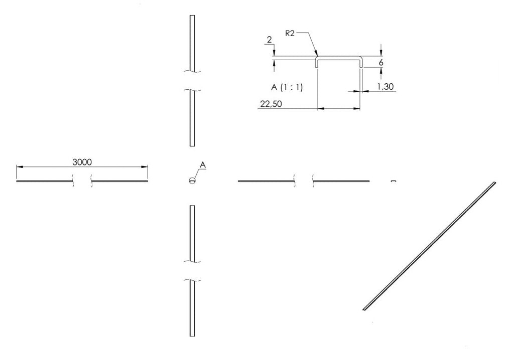 Zeichnung Kantenschutz EXTRA SLIM, Länge 3 m, für Glasstärke 20,00 - 21,52 mm