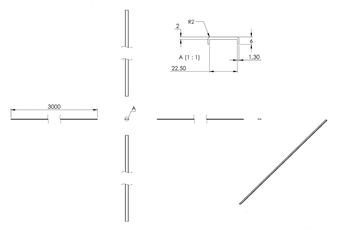 Zeichnung Kantenschutz EXTRA SLIM, Länge 3 m, für Glasstärke 20,00 - 21,52 mm