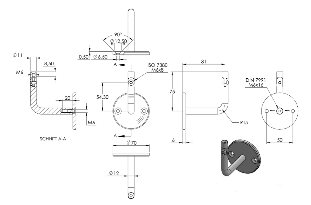Zeichnung Handlaufhalter mit Bügel Ø 12 mm