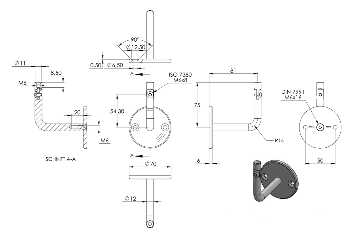 Zeichnung Handlaufhalter mit Bügel Ø 12 mm