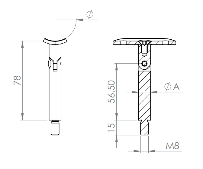 Handlaufstütze zum Schrauben, Gelenkstift mit Außengewinde M8 und Handlaufanschlussplatte, V2A
