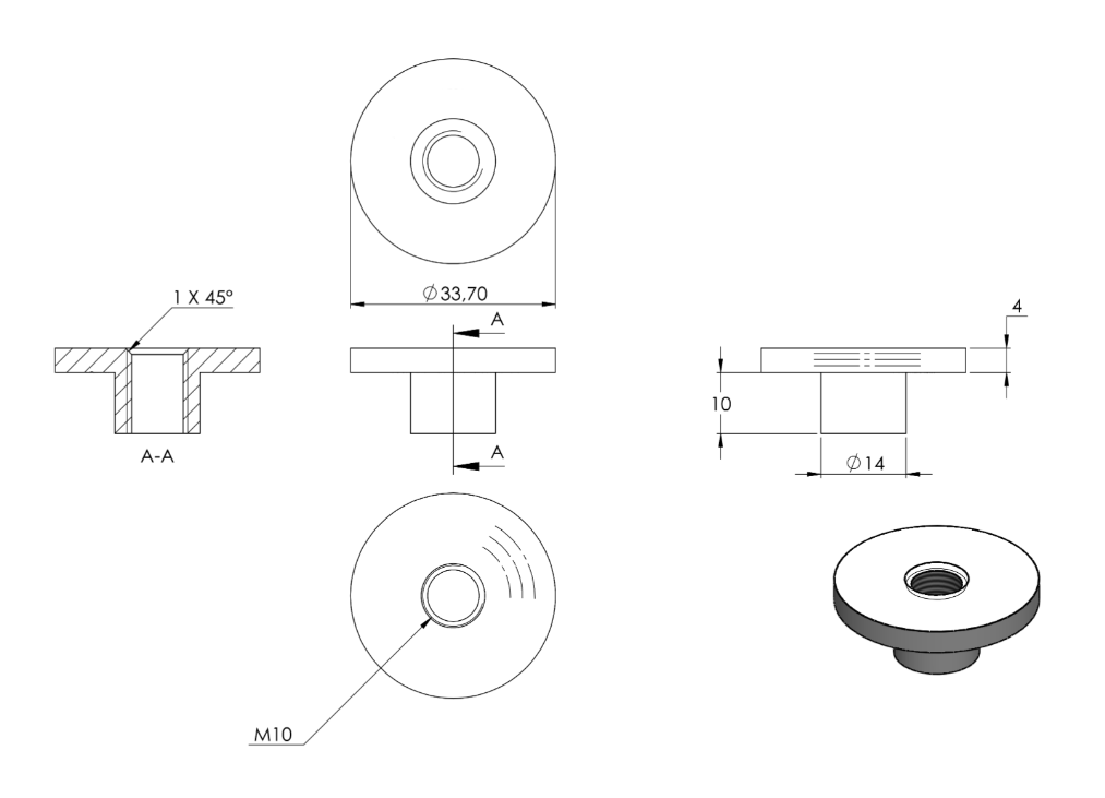 Zeichnung Rohrabschlussplatte mit Gewinde M10 für Rohr Ø 33,7 mm