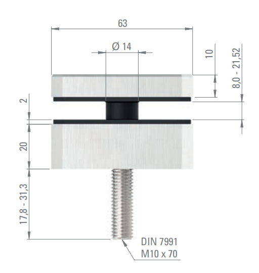 Glaspunkthalter 63 x 63 mm, Klemmbereich 8.0 x 21.52 mm, V2A