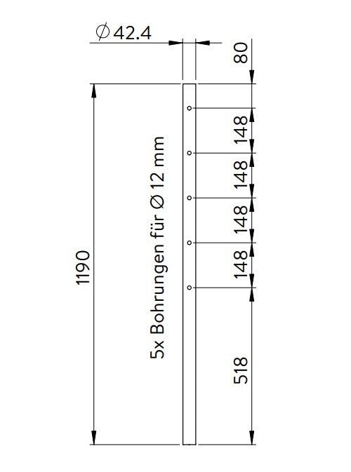 Edelstahlpfosten, mit 5 Bohrungen einseitig, V2A
