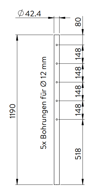 Edelstahlpfosten, mit 5 Bohrungen einseitig, V2A