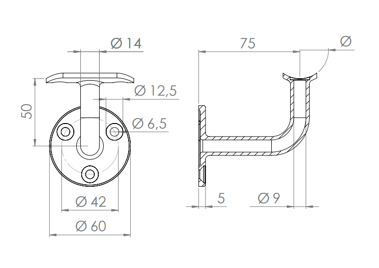 Edelstahl Handlaufhalter mit Kabeldurchführung, für LED-Handläufe, V2A / V4A