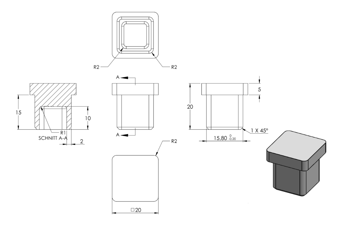 Zeichnung Rohrabschlussstopfen für Rohr 20 x 20 mm x 2,0 mm