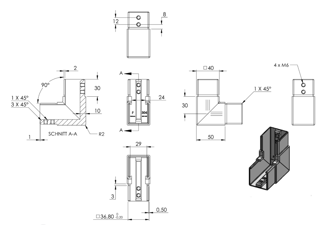 Eckbogen vertikal / Rahmenecke 90° für Quadrat-Nutrohr, V2A / V4A