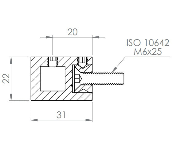 Querstabhalter quadratisch 22 x 22 mm, mit  Durchgangsbohrung 12 x 12 mm, V2A