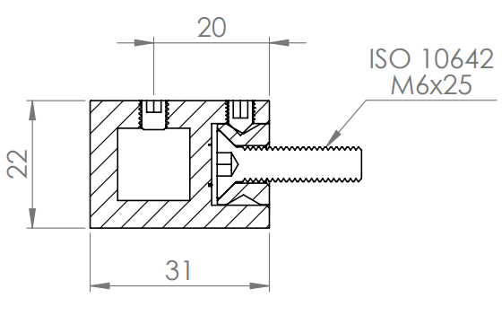 Querstabhalter quadratisch 22 x 22 mm, mit  Durchgangsbohrung 12 x 12 mm, V2A