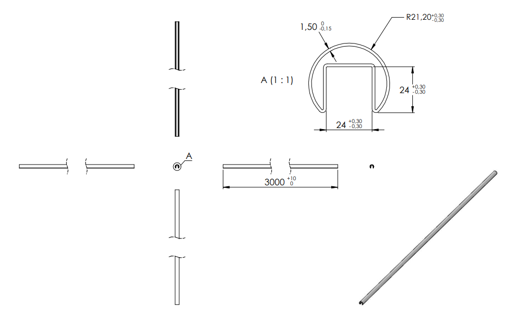 Zeichnung Rund-Nutrohr Ø 42,4 x 1,5 mm, Nut 24 x 24 mm, Länge 3 m
