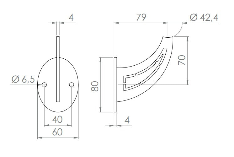 Handlaufträger zum Anschrauben, Stärke 4 mm, mit ovaler Ronde mit 2 Bohrungen, V2A