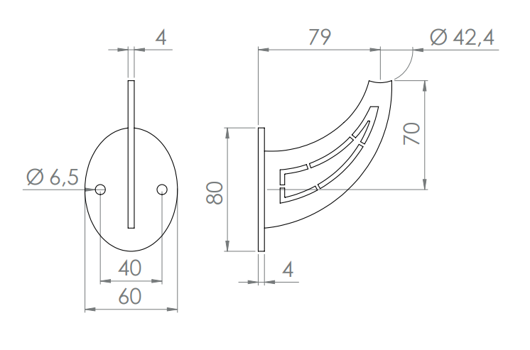 Handlaufträger zum Anschrauben, Stärke 4 mm, mit ovaler Ronde mit 2 Bohrungen, V2A