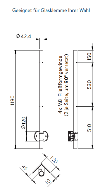 Edelstahlpfosten zur Wandmontage, für Innenecke, zweiseitig 2 x Gewinde M8, V2A