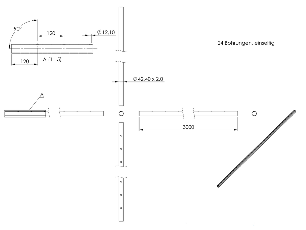 Zeichnung Rundrohr 42.4 x 2 mm, 24 Bohrungen einseitig