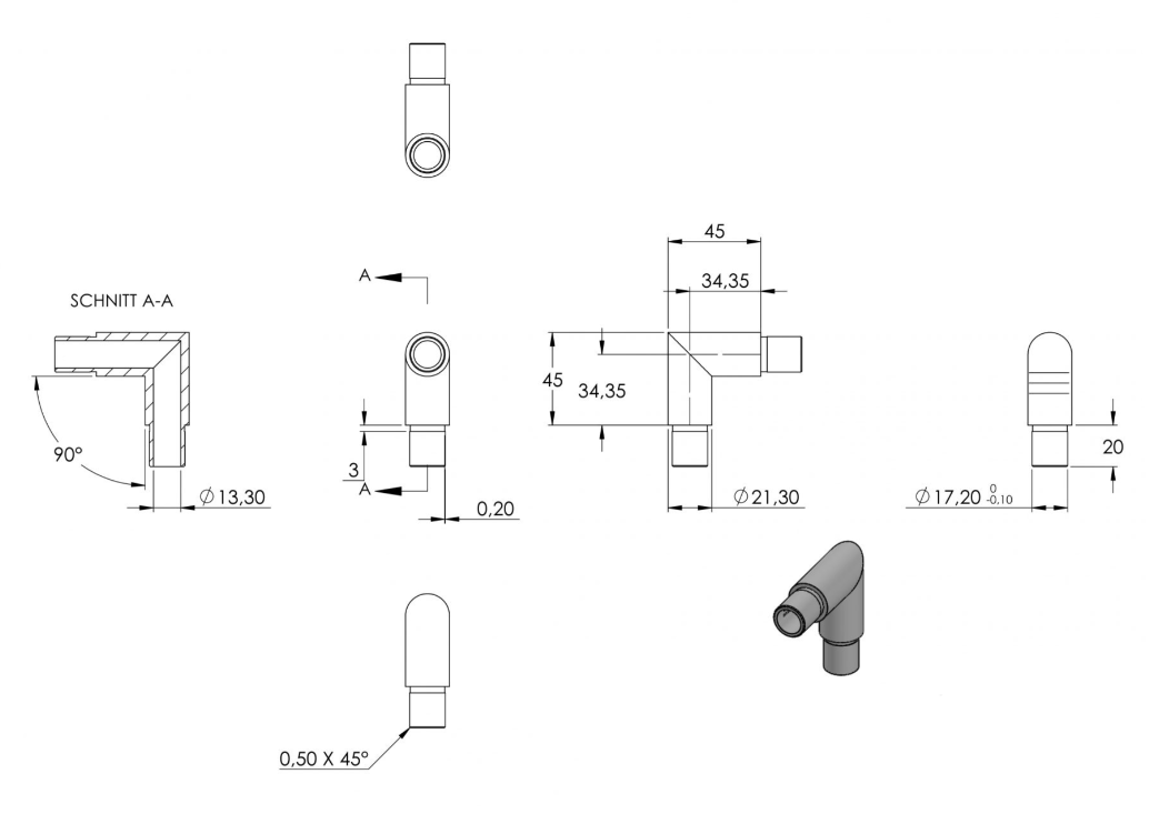 Zeichnung Eckstück für Rohr Ø 21,3 x 2,0 mm