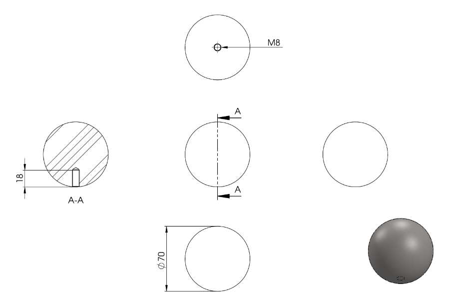 Zeichnung Vollkugel Ø 70 mm, Gewinde M8